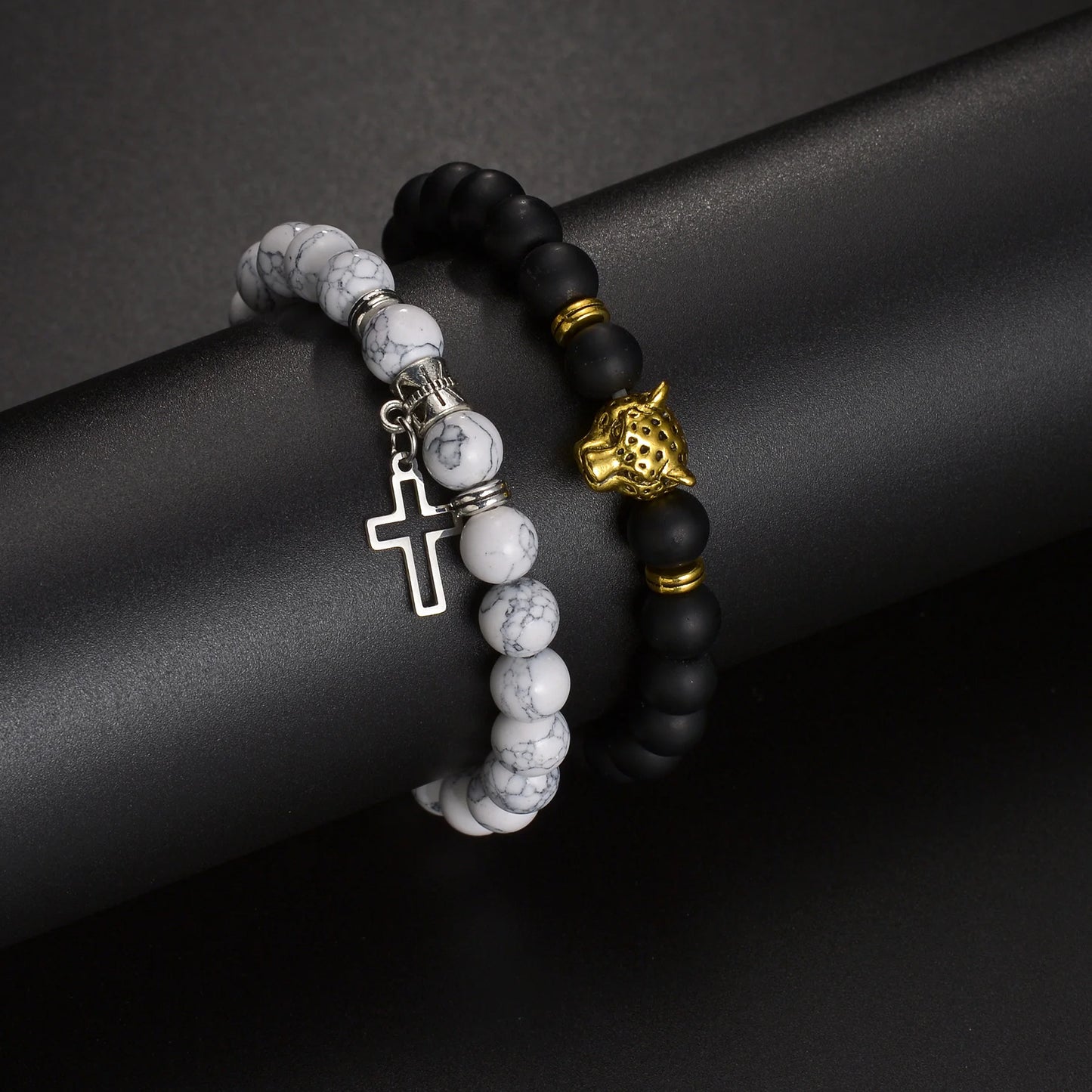 MeMolissa 2pc/Set White Turquoise Leopard Head Cross Black Beaded Bracelets for Men Women Elastic Friends Jewelry Gifts