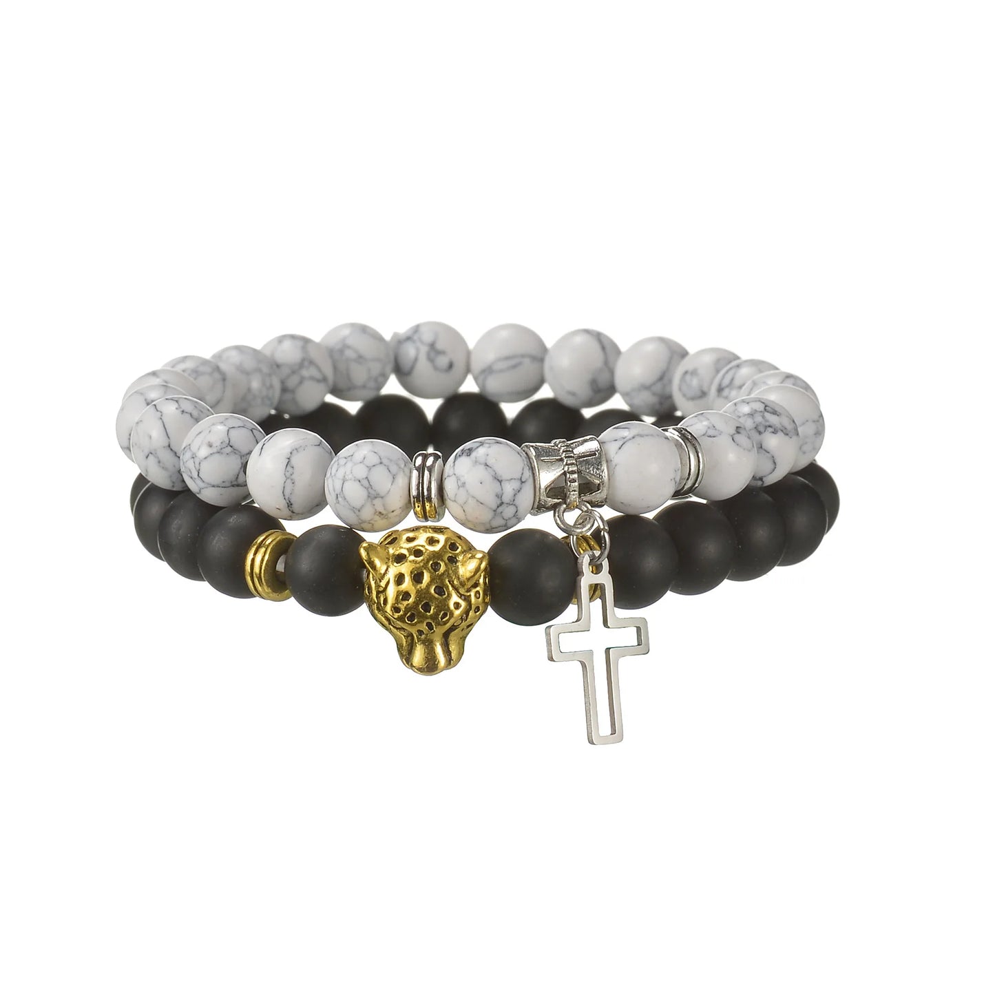 MeMolissa 2pc/Set White Turquoise Leopard Head Cross Black Beaded Bracelets for Men Women Elastic Friends Jewelry Gifts