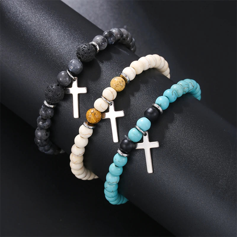 New Beaded Bracelet for Men Minimalist Cross Pendant Braslet Natural Stone Beads Braclet Meditation Brazalete