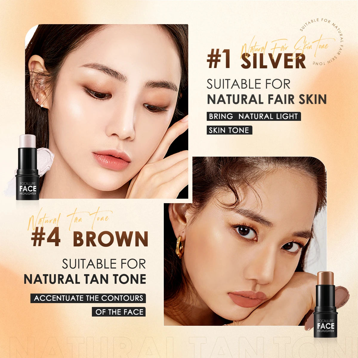 FOCALLURE 2 Pcs/Set Highlighter Makeup Glitter Contouring Bronzer For Face Shimmer Powder Creamy Texture Stick Women Cosmetics
