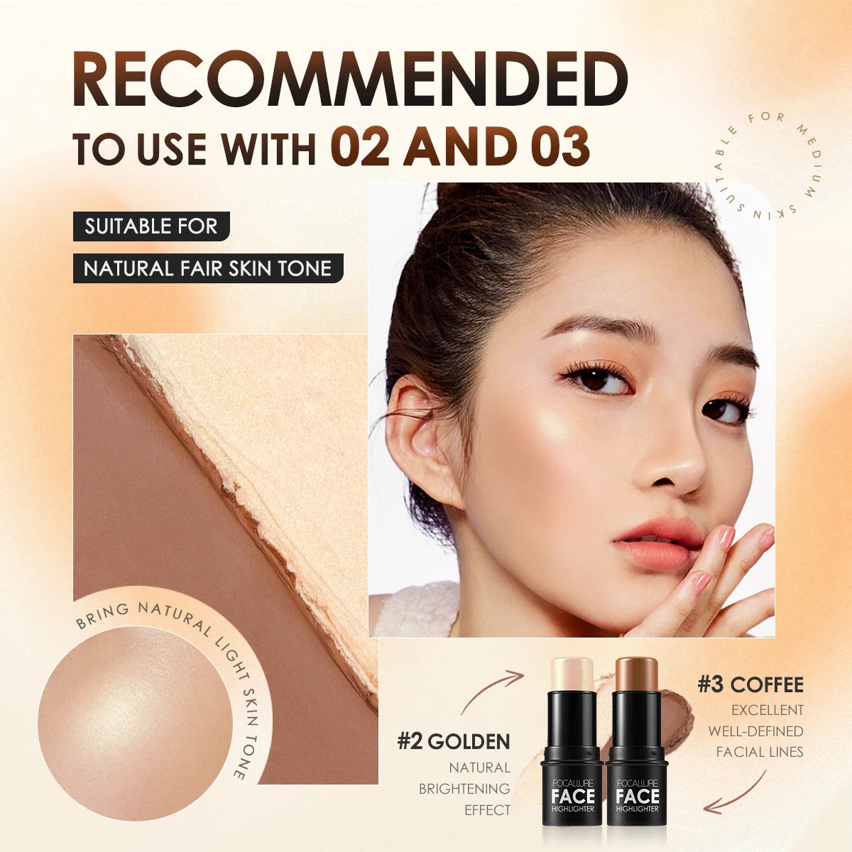 FOCALLURE 2 Pcs/Set Highlighter Makeup Glitter Contouring Bronzer For Face Shimmer Powder Creamy Texture Stick Women Cosmetics