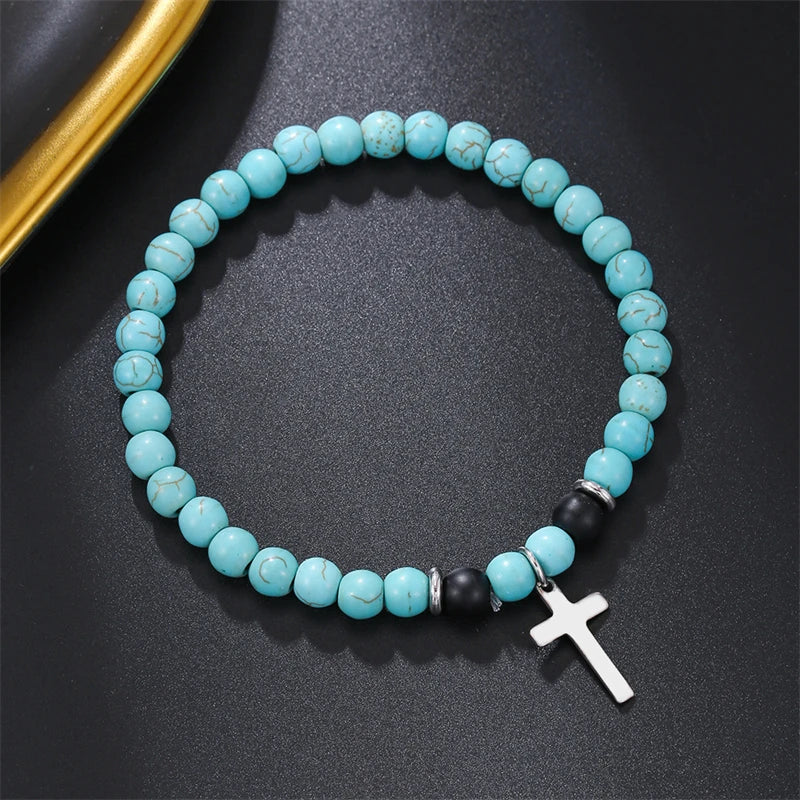 New Beaded Bracelet for Men Minimalist Cross Pendant Braslet Natural Stone Beads Braclet Meditation Brazalete