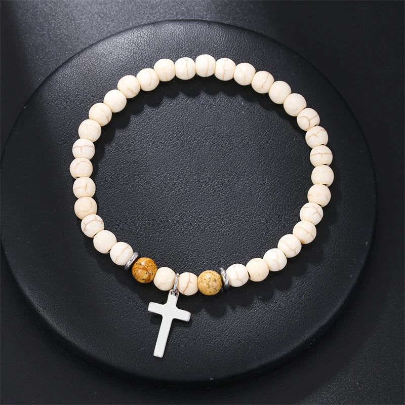 New Beaded Bracelet for Men Minimalist Cross Pendant Braslet Natural Stone Beads Braclet Meditation Brazalete