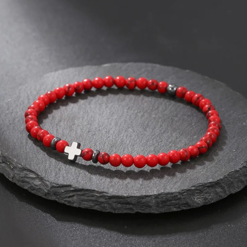 Lucky Cross Charm Bracelet 4mm Natural Stone Lava Quartzs Bead Bracelets Reiki Yoga Energy Bracelet for Men Women Jewelry