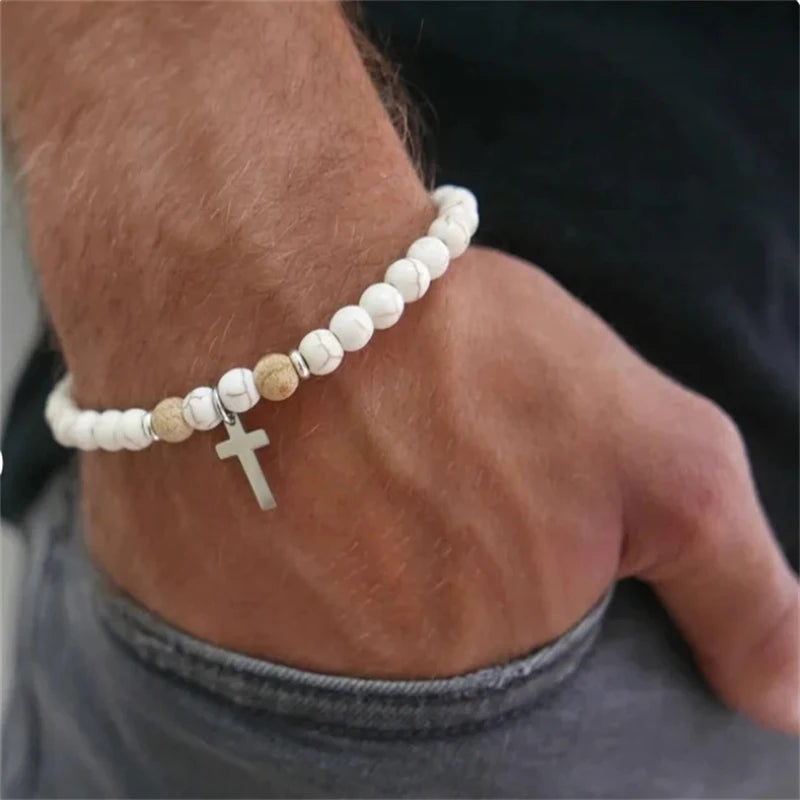 New Beaded Bracelet for Men Minimalist Cross Pendant Braslet Natural Stone Beads Braclet Meditation Brazalete