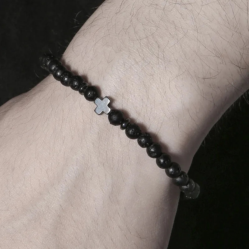 Lucky Cross Charm Bracelet 4mm Natural Stone Lava Quartzs Bead Bracelets Reiki Yoga Energy Bracelet for Men Women Jewelry